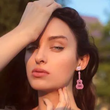 Pink Glitter Guitar Earrings – Lightweight Sparkly Statement Jewelry for Women, Music-Themed Accessories, Concerts, Parties, Gifts, Rodeo Outfits