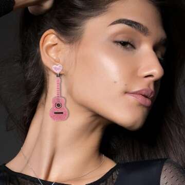 Pink Glitter Guitar Earrings – Lightweight Sparkly Statement Jewelry for Women, Music-Themed Accessories, Concerts, Parties, Gifts, Rodeo Outfits