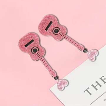 Pink Glitter Guitar Earrings – Lightweight Sparkly Statement Jewelry for Women, Music-Themed Accessories, Concerts, Parties, Gifts, Rodeo Outfits