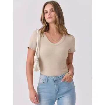 ANRABESS Women Short Sleeve Tops V Neck Rib Knitted Slim Fit Shirts Basic Tees 2025 Summer Casual T-...