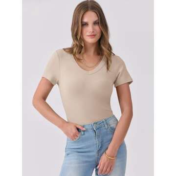 ANRABESS Women Short Sleeve Tops V Neck Rib Knitted Slim Fit Shirts Basic Tees 2025 Summer Casual T-Shirts Going Out Outfits Beige Medium