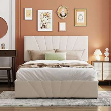 Harper & Bright Designs Full Size Upholstered Bed with Lifting Storage, Full Bed Frame with Storage and Tufted Headboard, Wooden Full Platform Bed for Teens Adults, No Box Spring Needed(Full, Beige)