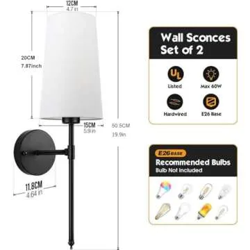 SLYYMY Wall Sconces Sets of 2, Retro Industrial Wall Lamps, Bathroom Vanity Sconces Wall Lighting with White Fabric Shades, Wall Lights for Bedroom Living Room Kitchen Island (Black)