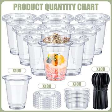 WILLBOND 100 Sets 12oz Clear Plastic Parfait Cups with Flat Lids Insert Yogurt Fruit Parfait Cups Spill and Anti Leak Dessert Disposable Cups with Spoons for Yogurt Parfait, Fruits Veggies and Dips