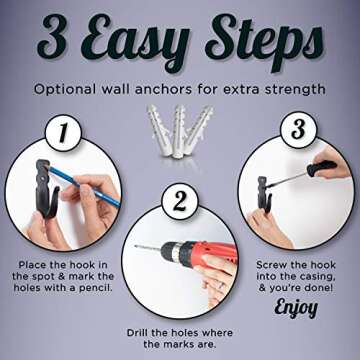 Stur-De Decorative Hooks for Wall - Wall Hooks for Hanging Coats, Hats & Bags, Rustic Towel Hooks for Bathrooms or Kitchen - Wrought Iron Farmhouse Hooks - Pack of 3, Black - 3.3 x 2 x 0.8 Inches