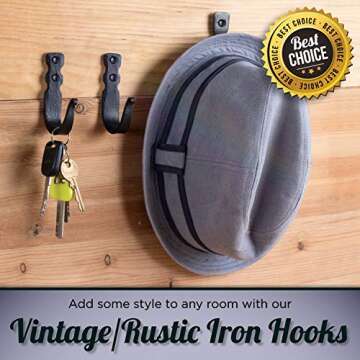 Stur-De Decorative Hooks for Wall - Wall Hooks for Hanging Coats, Hats & Bags, Rustic Towel Hooks for Bathrooms or Kitchen - Wrought Iron Farmhouse Hooks - Pack of 3, Black - 3.3 x 2 x 0.8 Inches