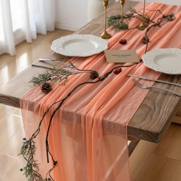 Keketo 120 Inch Coral Peach Cheesecloth Table Runner