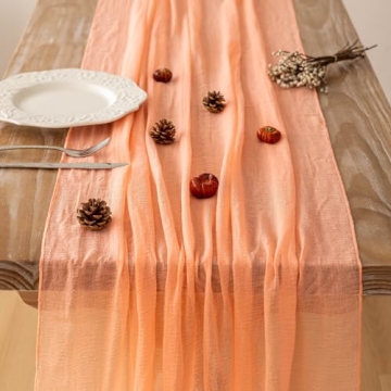 Keketo 120 Inch Coral Peach Cheesecloth Table Runner