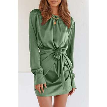PRETTYGARDEN Women's Spring Satin Dress Long Sleeve Tie Waist Elegant Cocktail Party Mini Fall Dresses(Army Green,Large)