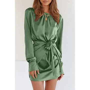 PRETTYGARDEN Women's Spring Satin Dress Long Sleeve Tie Waist Elegant Cocktail Party Mini Fall Dresses(Army Green,Large)