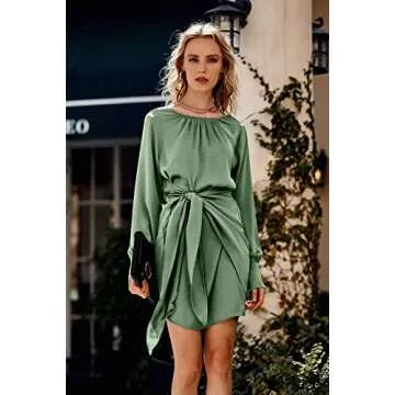 PRETTYGARDEN Women's Spring Satin Dress Long Sleeve Tie Waist Elegant Cocktail Party Mini Fall Dresses(Army Green,Large)