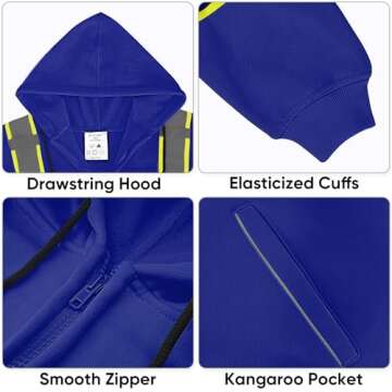 TICONN Safety Hoodie Jacket, High Vis Reflective Safety Fleece Hoodie, PPE Gear for Cold Weather Meet ANSI III (Blue, XL)