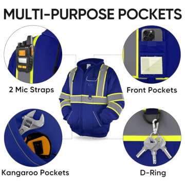 TICONN Safety Hoodie Jacket, High Vis Reflective Safety Fleece Hoodie, PPE Gear for Cold Weather Meet ANSI III (Blue, XL)
