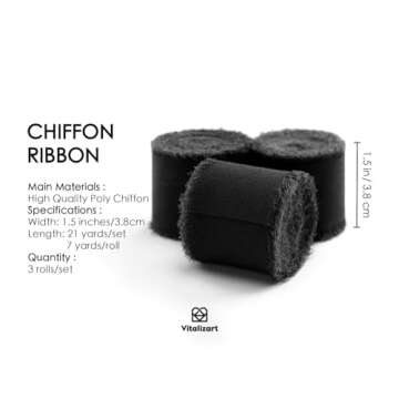 Vitalizart Black Handmade Chiffon Silk Ribbon Fringe 3 Rolls 1.5" x 21 Yd Frayed Edges Ribbons for W...