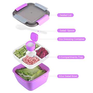 Freshmage Salad Lunch Container To Go, 52-oz Salad Bowls with 3 Compartments, Salad Dressings Contai...
