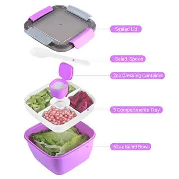 Freshmage Salad Lunch Container To Go - 52-Oz, 3 Compartments & Dressing Holder