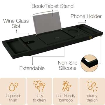 Bambüsi Bathtub Tray Table - Adjustable Bamboo Bathtub Caddy - Space-Saving Folding Bath Tub Tray - Wood Bathtub Accessories - Unique for Women or Men (Black)