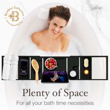 Bambüsi Bathtub Tray Table - Adjustable Bamboo Bathtub Caddy - Space-Saving Folding Bath Tub Tray - Wood Bathtub Accessories - Unique for Women or Men (Black)