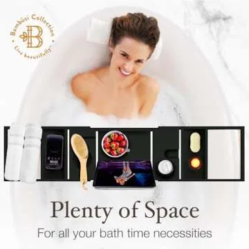 Bambüsi Bathtub Tray Table - Adjustable Bamboo Bathtub Caddy - Space-Saving Folding Bath Tub Tray - Wood Bathtub Accessories - Unique for Women or Men (Black)