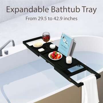 Bambüsi Bathtub Tray Table - Adjustable Bamboo Bathtub Caddy - Space-Saving Folding Bath Tub Tray - Wood Bathtub Accessories - Unique for Women or Men (Black)