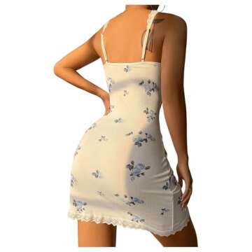 SHENHE Women's Ribbed Deep V Neck Floral Print Lace Trim Sexy Nightgown Chemise Slip Dress White M