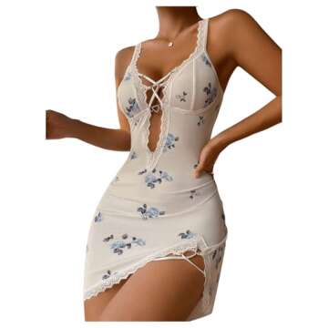 SHENHE Women's Ribbed Deep V Neck Floral Print Lace Trim Sexy Nightgown Chemise Slip Dress White M