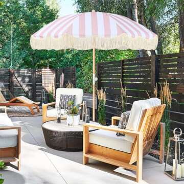 Boho Outdoor Umbrella with Tassels,6ft Table Umbrella Outdoor Patio with Knobs Tilt,Wind Resistant P...
