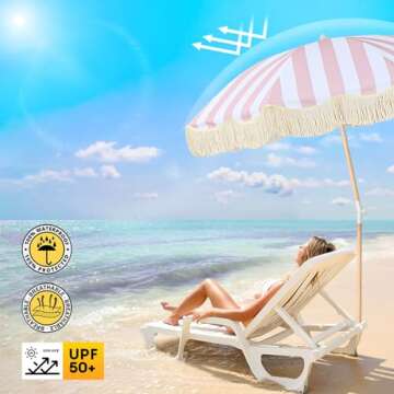 Boho Outdoor Umbrella with Tassels,6ft Table Umbrella Outdoor Patio with Knobs Tilt,Wind Resistant Portable Beach Umbrella UPF50+ Fringe Umbrellas For Pool Backyard Deck Garden (Pink Stripe)