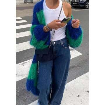 LETSVDO Women's Color Block Long Cardigan Open Front Oversized Striped Knit Slouchy Duster Chunky Sweater Coat Green