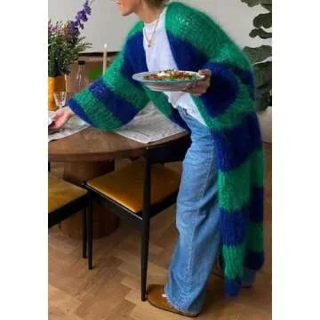 LETSVDO Women's Color Block Long Cardigan Open Front Oversized Striped Knit Slouchy Duster Chunky Sweater Coat Green