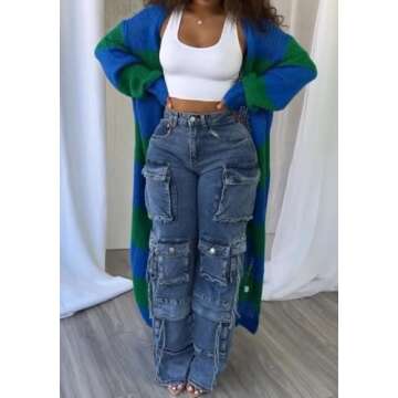 LETSVDO Women's Color Block Long Cardigan Open Front Oversized Striped Knit Slouchy Duster Chunky Sweater Coat Green