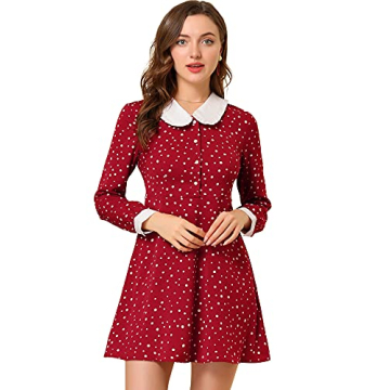 Allegra K Women's Polka Dots Tie Neck Retro Vintage Contrast Peter Pan Collar Dress Small Burgundy