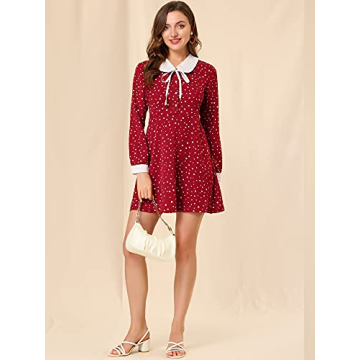 Allegra K Vintage Polka Dots Dress with Tie Neck