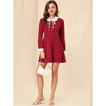 Allegra K Vintage Polka Dots Dress with Tie Neck