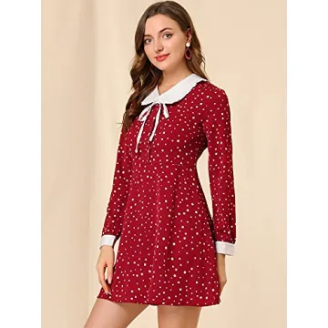 Allegra K Vintage Polka Dots Dress with Tie Neck