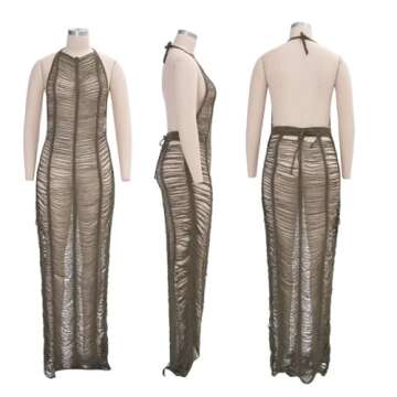 Kafiloe Women's Sexy Hollow Out Knitted See Through Mesh Beach Dress Backless V-Neck Swimsuit Cover Ups Casual Sheer Dresses Army Green L