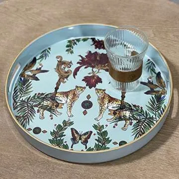 Zosenley Round Decorative Tray, Marbling Plastic Tray with Handles, Modern Vanity Tray and Serving Tray for Ottoman, Coffee Table, Kitchen and Bathroom, Size 13" (Forest Blue Edge)