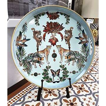 Zosenley Round Decorative Tray, Marbling Plastic Tray with Handles, Modern Vanity Tray and Serving Tray for Ottoman, Coffee Table, Kitchen and Bathroom, Size 13" (Forest Blue Edge)