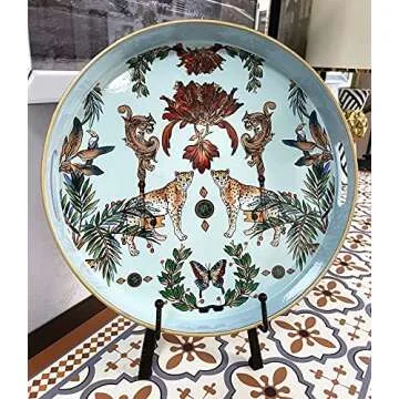 Zosenley Round Decorative Tray, Marbling Plastic Tray with Handles, Modern Vanity Tray and Serving Tray for Ottoman, Coffee Table, Kitchen and Bathroom, Size 13" (Forest Blue Edge)