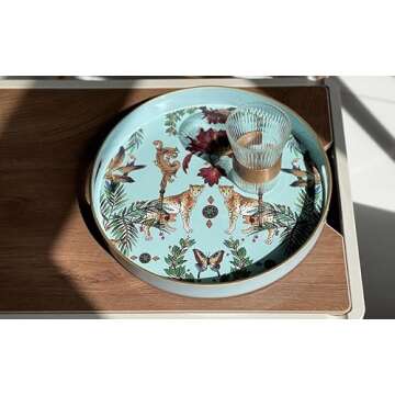 Zosenley Round Decorative Tray, Marbling Plastic Tray with Handles, Modern Vanity Tray and Serving Tray for Ottoman, Coffee Table, Kitchen and Bathroom, Size 13" (Forest Blue Edge)