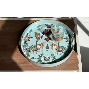 Zosenley Round Decorative Tray, Marbling Plastic Tray with Handles, Modern Vanity Tray and Serving Tray for Ottoman, Coffee Table, Kitchen and Bathroom, Size 13" (Forest Blue Edge)