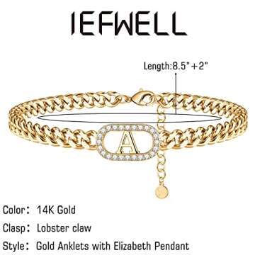 IEFWELL Gold Initial Anklets - 14K Gold Filled Cuban Link Anklets for Women (S)
