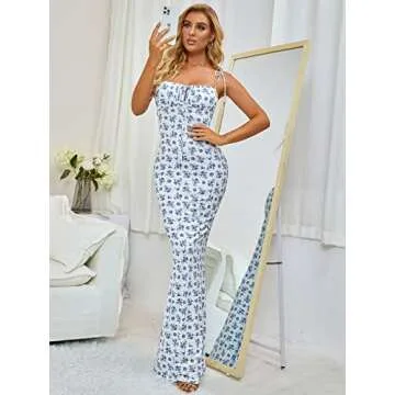 KUTUMAI Women's Summer Floral Bodycon Maxi Dress Spaghetti Strap Sleeveless Boho Long Dresses White M