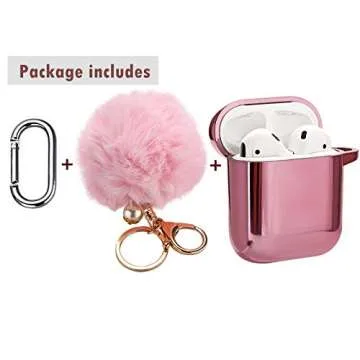 Compatible for Airpods 1 & 2 Soft TPU Cases (Front LED Visible),Doweiss Protective Cases Covers Women/Girl Luxury with Pompom Ball Keychain Compatible for Airpods Charging Case (Rose Pink)