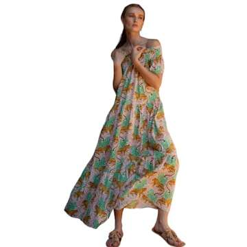 KLAVATE Women Summer Boho Off Shoulder Handblock Print Short Sleeves Bohemian Designer Long Maxi Dre...