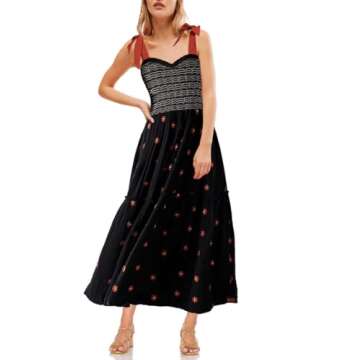 Women Boho Tie Shoulder Maxi Dress Embroidered Floral Sleeveless Flowy Long Dress Beachwear Sundress...