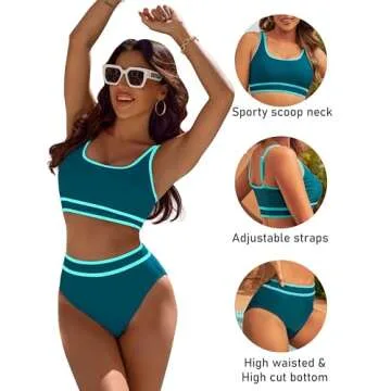 BMJL Women's High Waisted Sporty Bikini Set in Dark Green Blue
