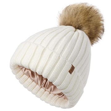 FURTALK Womens Beanie Satin Lined Knitted Beanie with Pom Winter Hats for Women (White)
