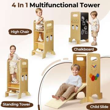 JUZBOT Toddler Tower - 4 in 1 Kid's Kitchen Stool Helper with Slide and Chalkboard