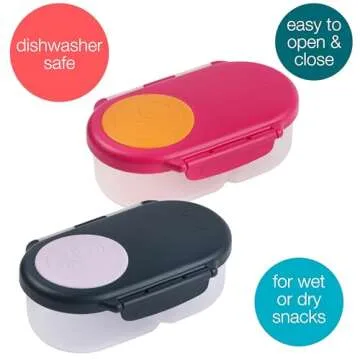 b.box Snack Box (2-pack) for Kids & Toddlers: 2 Compartment Snack Containers, Mini Bento Lunch Box. Leak Proof, BPA free, Dishwasher safe. Ages 4 months+ (s'shake + indigo rose, 12oz capacity)